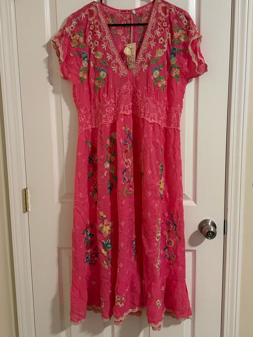 Johnny Was Hot Pink Embroidered V-Neck Midi Dress